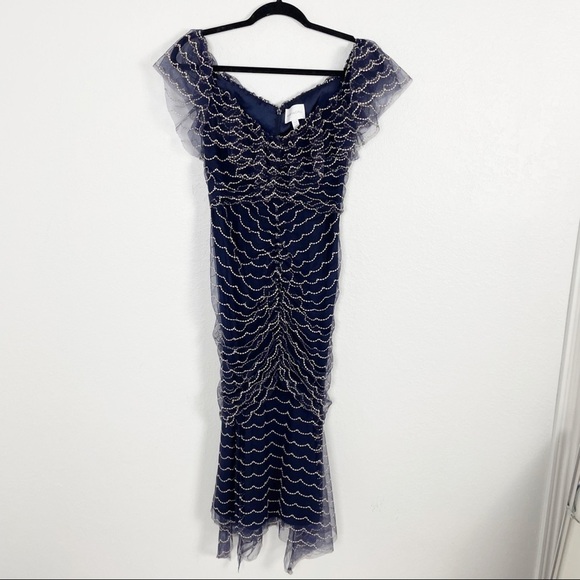 Alice McCall Venus Valentine Off the Shoulder Embroidered Ruched Midi Dress Blue - Picture 2 of 7